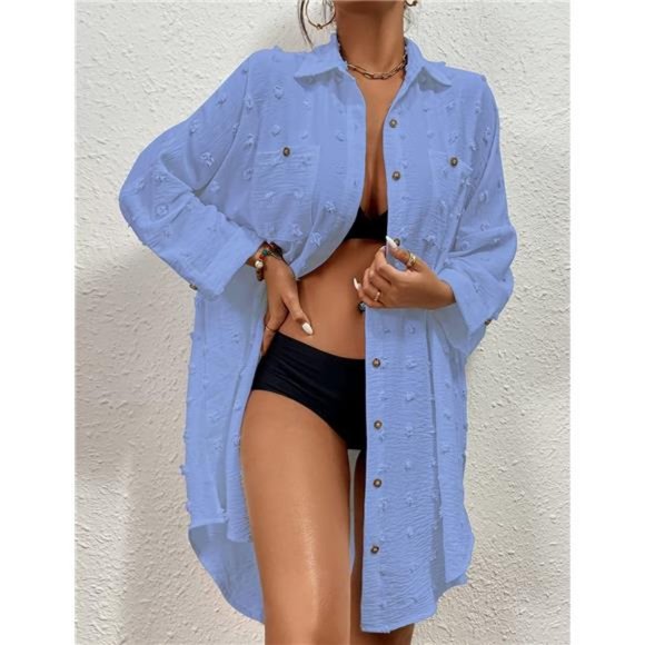 Women Swimsuit Cover Up Bikini Swimwear Bathing Suit Cover Ups Button Down Shirt - Picture 5 of 6